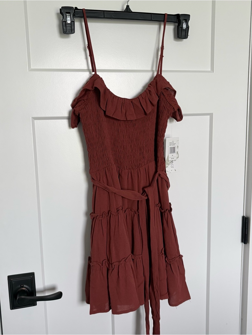 Smocked Rust Red Mini Dress with Ruffle Neckline